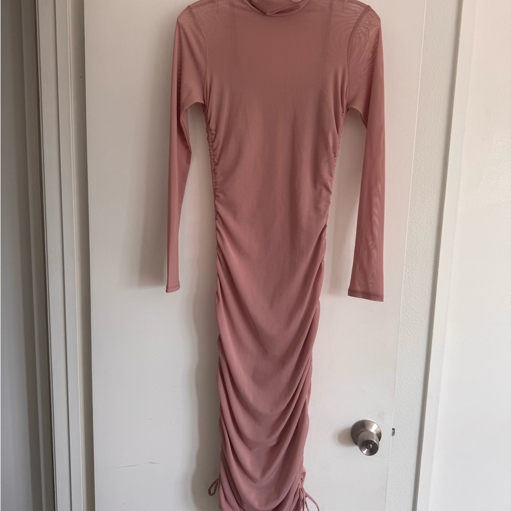 Pink Long Sleeve Mesh Dress